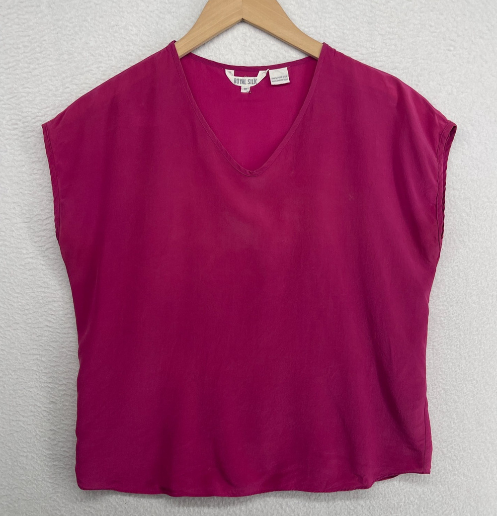 ROYAL SILK Blouse Womens M Crepe de Chine Boxy Top V-Neck Dolman Sleeve Pink VTG